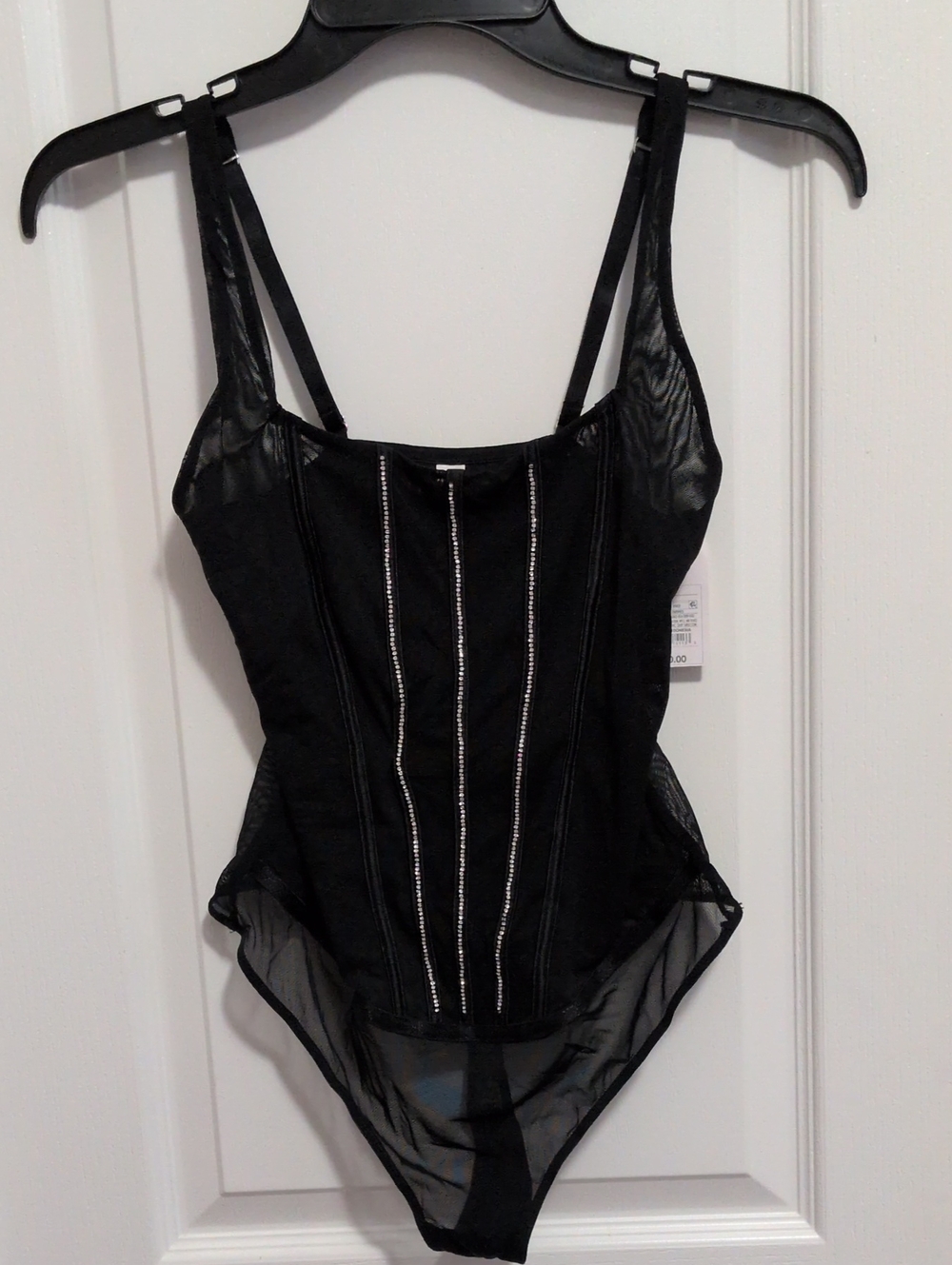 Sexy Black Mesh And Rhinestone Thong Bodysuit